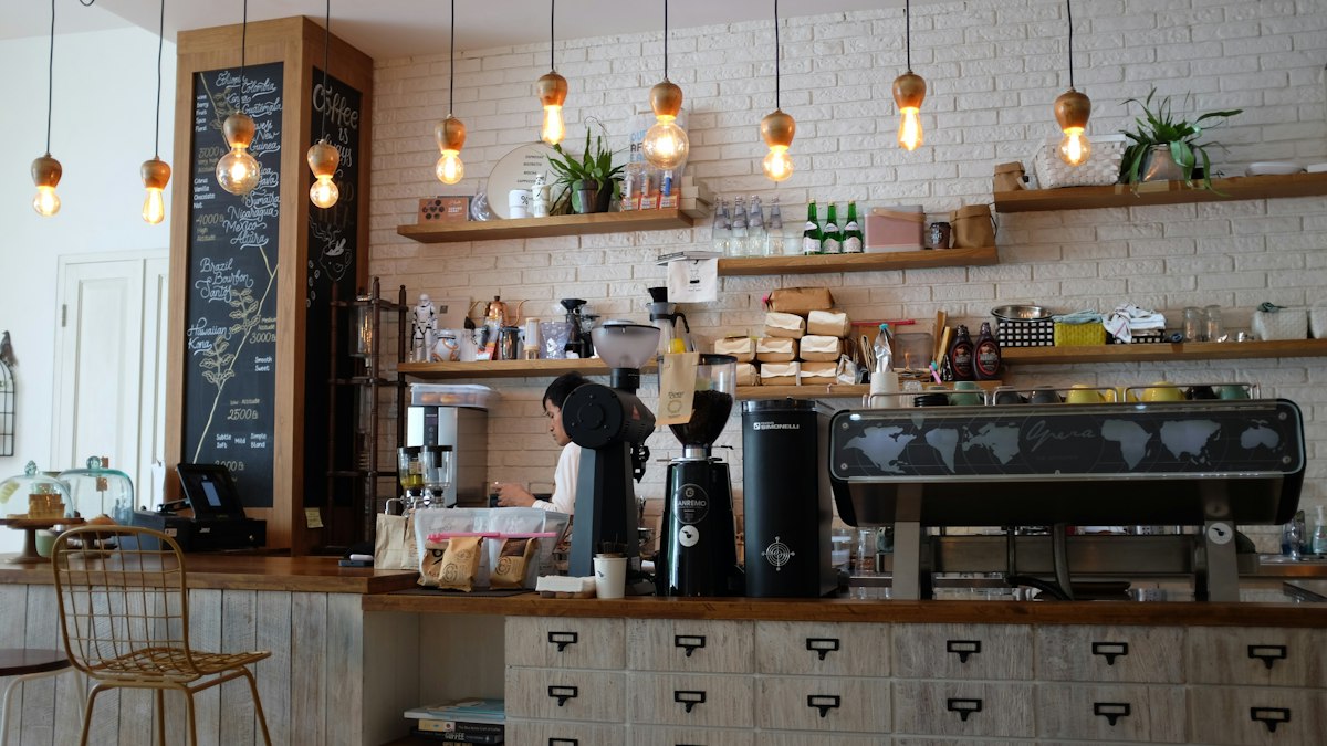 Coffee shop counter with hanging lights
